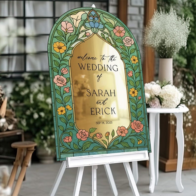 Custom Acrylic Wedding Welcome Sign with Wildflowers, Floral Mirror Wedding Entrance Sign, Modern Acrylic Wedding Decor