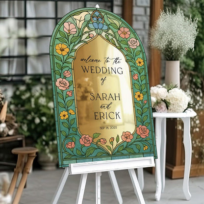 Custom Acrylic Wedding Welcome Sign with Wildflowers, Floral Mirror Wedding Entrance Sign, Modern Acrylic Wedding Decor