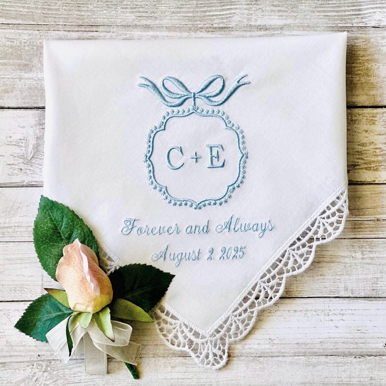 Personalized Wedding Handkerchief for Bride, Custom Initials And Date Handkerchief, Bridal Wedding Day Gift