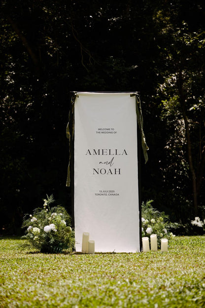Custom Wedding Fabric Sign, Linen Wedding Welcome Sign, Modern Outdoor Wedding Banner, Engagement Party Sign