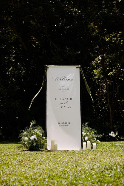 Custom Wedding Fabric Sign, Linen Wedding Welcome Sign, Modern Outdoor Wedding Banner, Engagement Party Sign