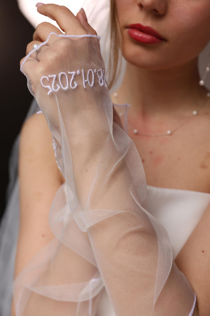 Custom Bridal Gloves with Embroidered Name & Date, Fingerless Tulle Wedding Gloves, Elegant Handmade Bride Accessory
