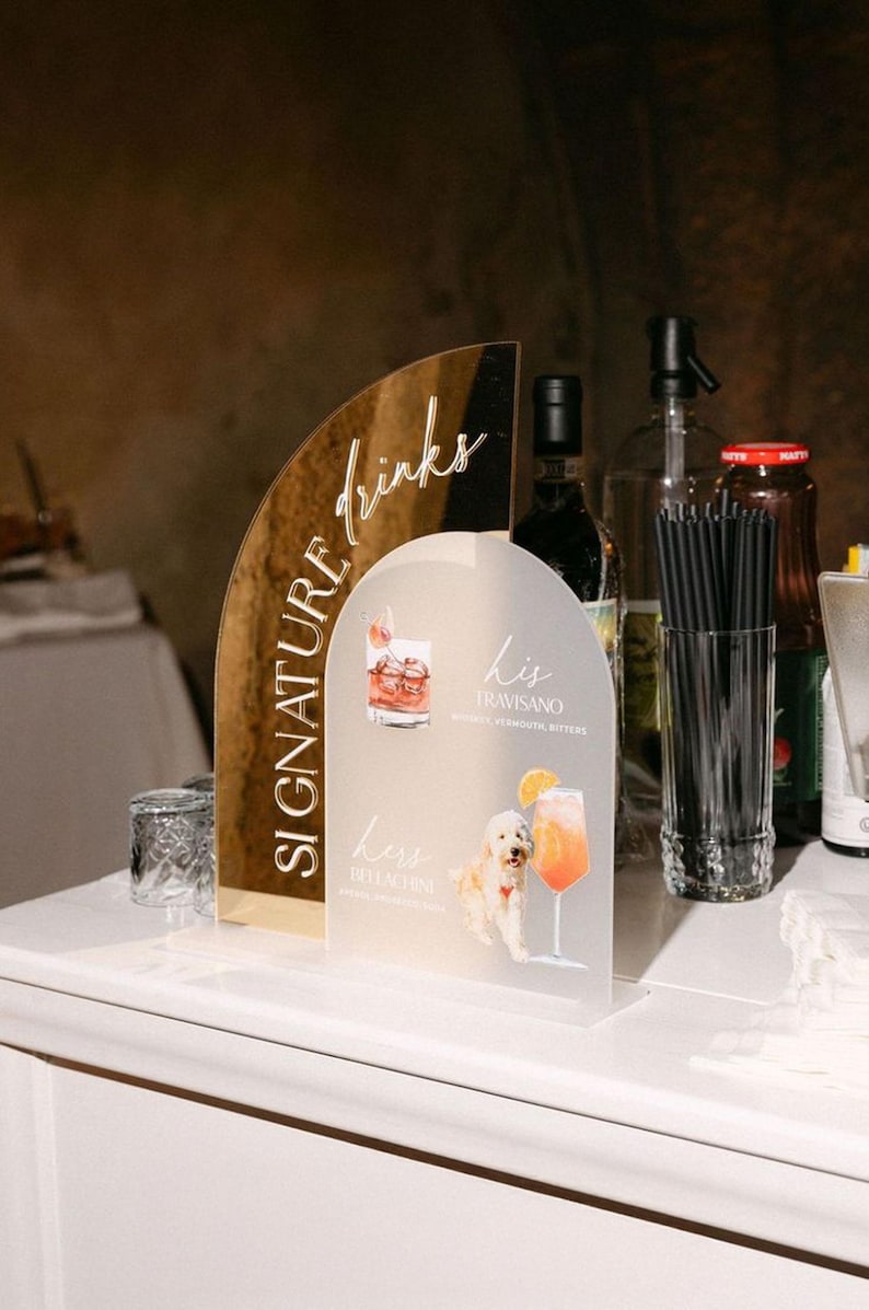 Custom Wedding Signature Drink Sign, Gold Mirror Bar Menu Sign, His and Hers Wedding Cocktails
