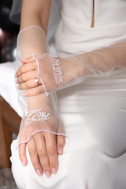 Custom Bridal Gloves with Embroidered Name & Date, Fingerless Tulle Wedding Gloves, Elegant Handmade Bride Accessory