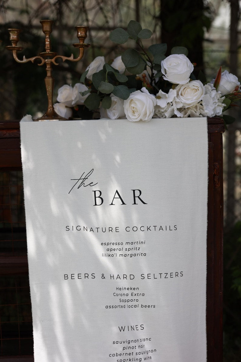 Custom Wedding Bar Menu Sign, Linen Signature Cocktails Sign, Minimalist Fabric Drink Menu, Personalized Reception Decor