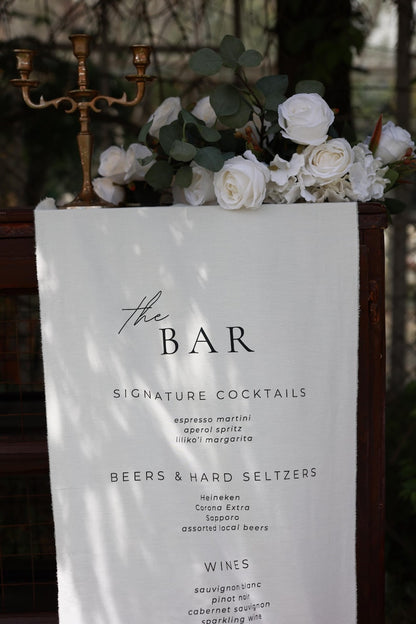 Custom Wedding Bar Menu Sign, Linen Signature Cocktails Sign, Minimalist Fabric Drink Menu, Personalized Reception Decor