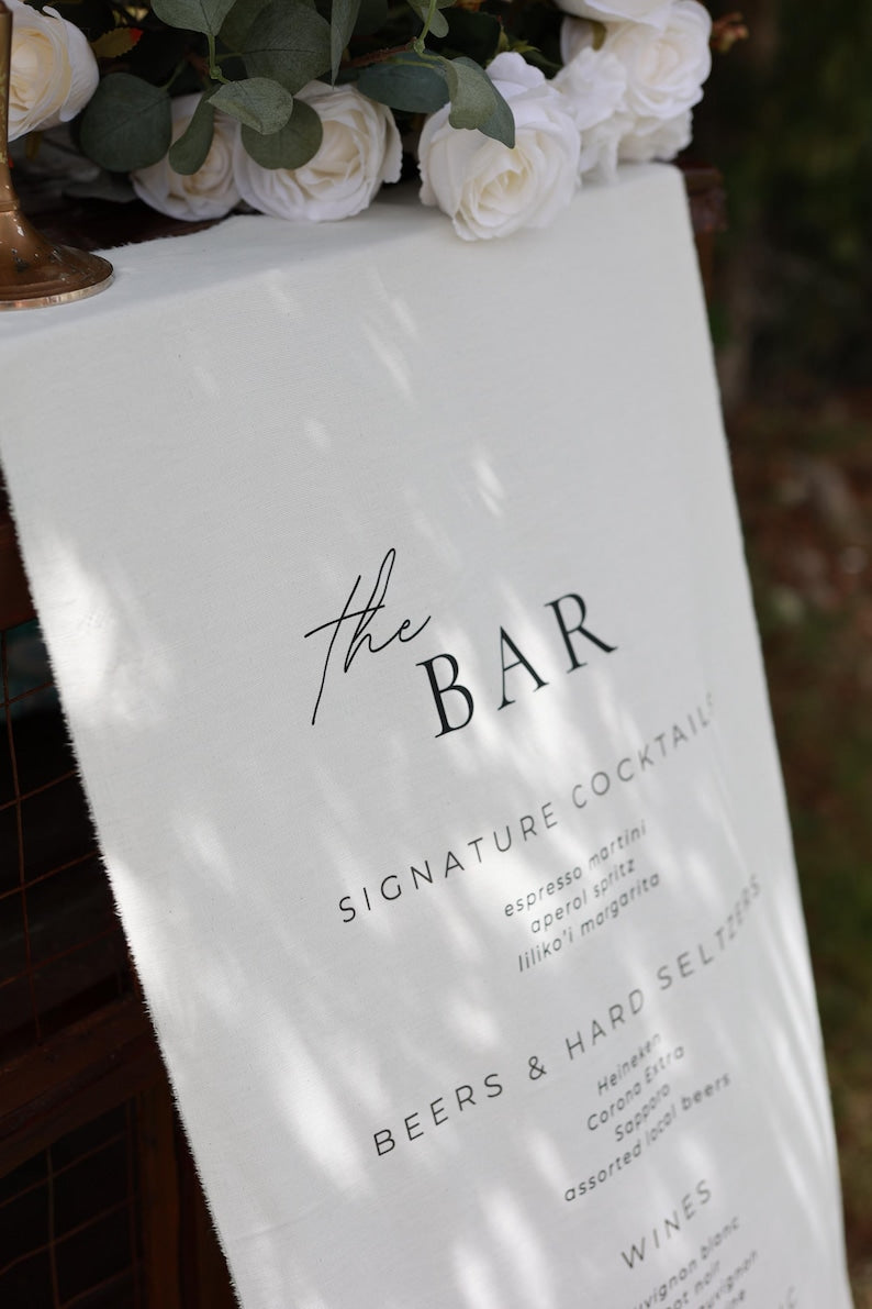 Custom Wedding Bar Menu Sign, Linen Signature Cocktails Sign, Minimalist Fabric Drink Menu, Personalized Reception Decor