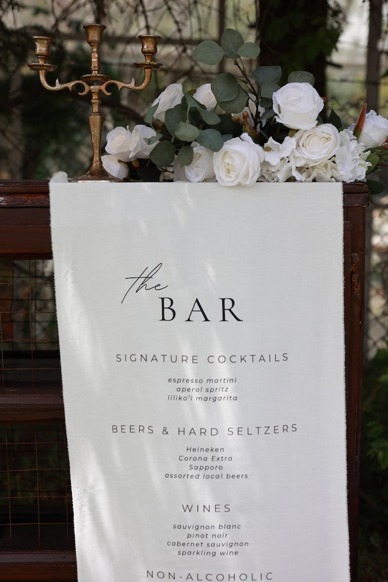 Custom Wedding Bar Menu Sign, Linen Signature Cocktails Sign, Minimalist Fabric Drink Menu, Personalized Reception Decor