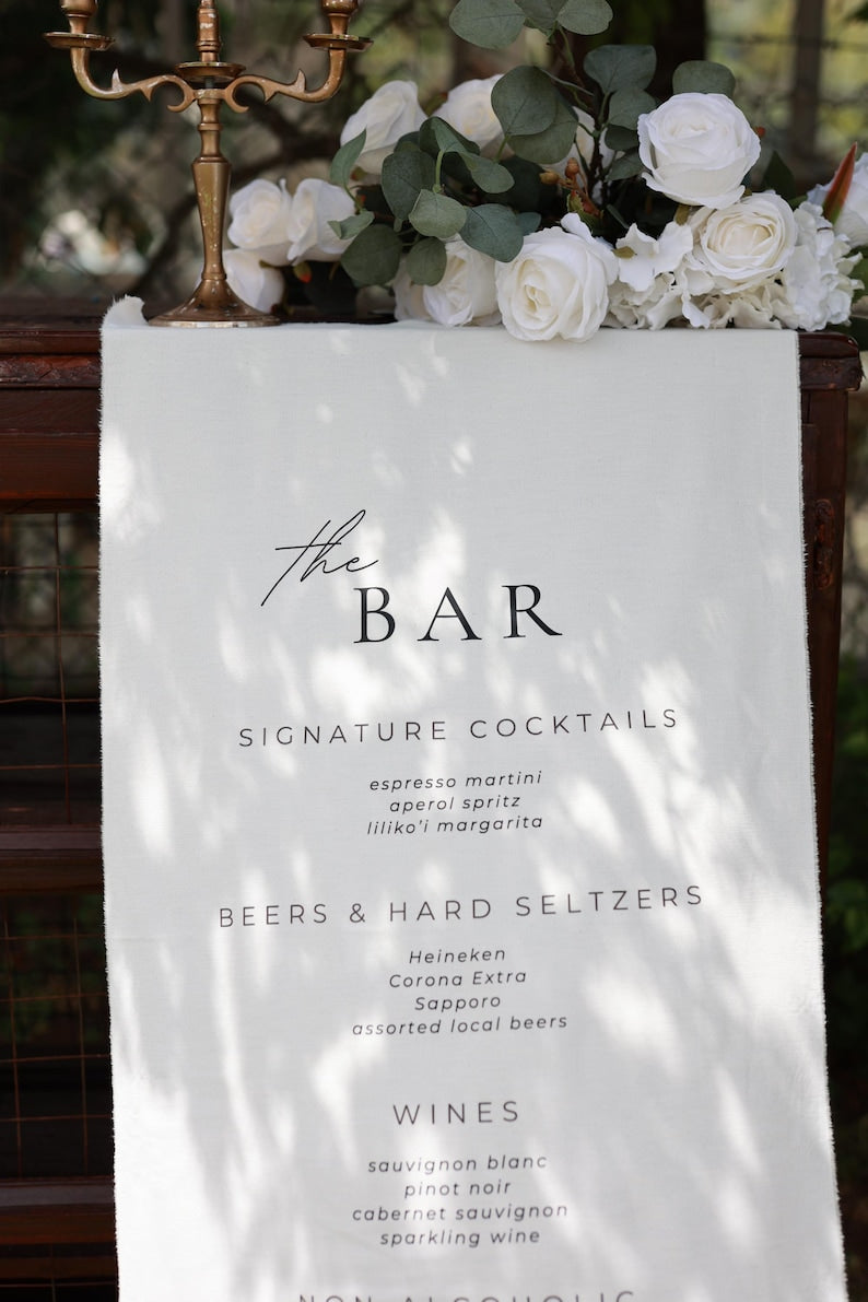 Custom Wedding Bar Menu Sign, Linen Signature Cocktails Sign, Minimalist Fabric Drink Menu, Personalized Reception Decor