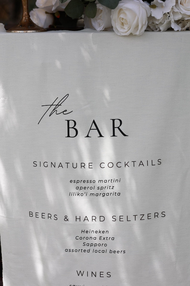 Custom Wedding Bar Menu Sign, Linen Signature Cocktails Sign, Minimalist Fabric Drink Menu, Personalized Reception Decor