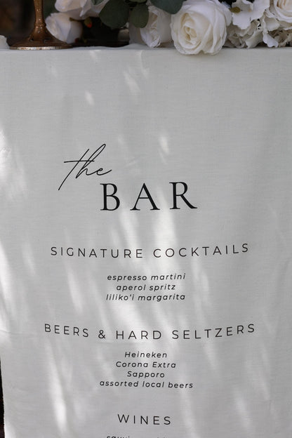 Custom Wedding Bar Menu Sign, Linen Signature Cocktails Sign, Minimalist Fabric Drink Menu, Personalized Reception Decor