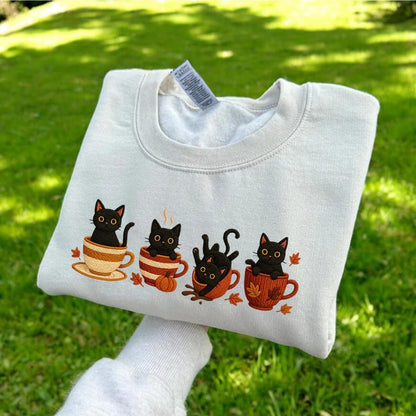 Embroidered Black Cat Sweatshirt, Halloween Pumpkin Fall Sweater, Halloween Shirt