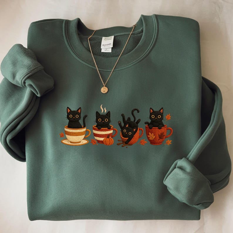 Embroidered Black Cat Sweatshirt, Halloween Pumpkin Fall Sweater, Halloween Shirt