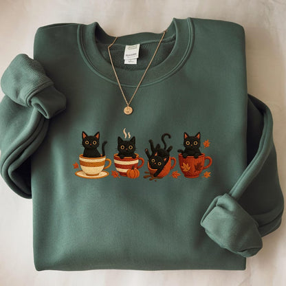 Embroidered Black Cat Sweatshirt, Halloween Pumpkin Fall Sweater, Halloween Shirt
