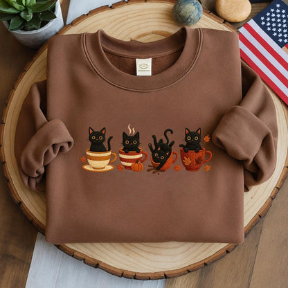 Embroidered Black Cat Sweatshirt, Halloween Pumpkin Fall Sweater, Halloween Shirt