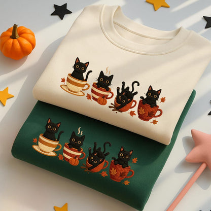 Embroidered Black Cat Sweatshirt, Halloween Pumpkin Fall Sweater, Halloween Shirt