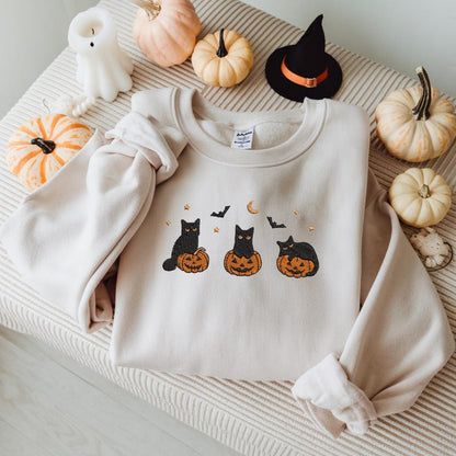 Embroidered Halloween Black Cat Sweatshirt, Pumpkin Fall Sweater, Halloween Crewneck, Cute Autumn Spooky Season, Bat Tee Top, Cat Lover Gift