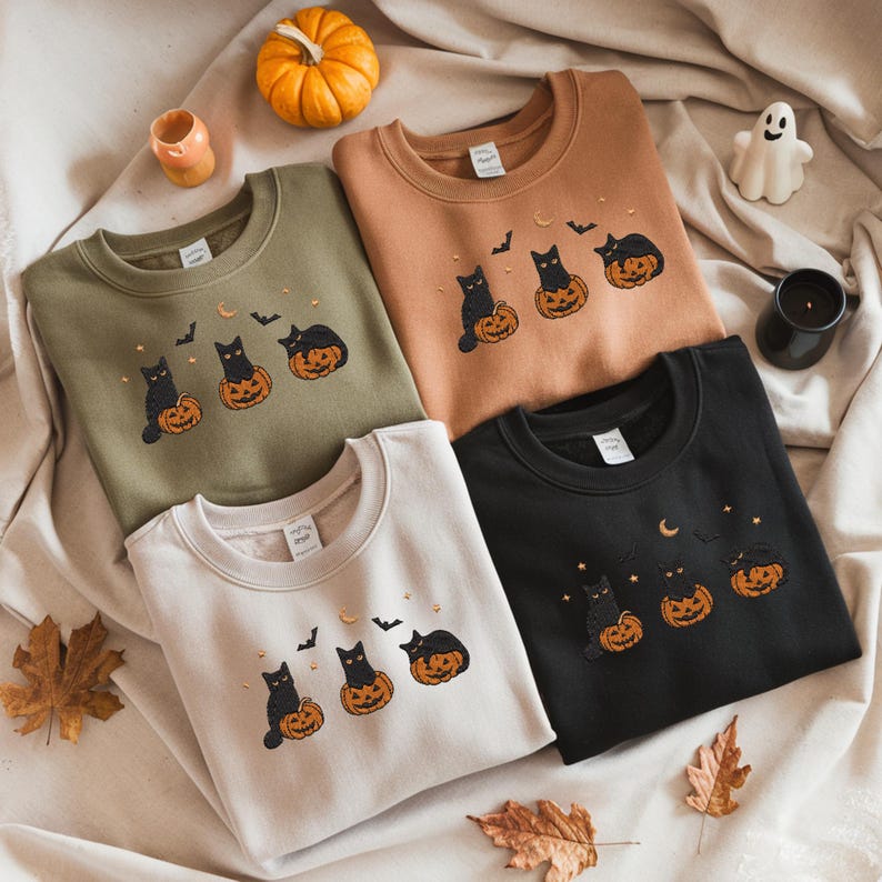 Embroidered Halloween Black Cat Sweatshirt, Pumpkin Fall Sweater, Halloween Crewneck, Cute Autumn Spooky Season, Bat Tee Top, Cat Lover Gift