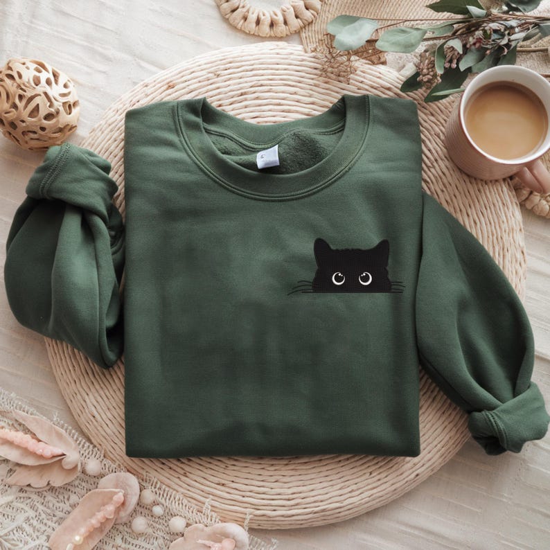 Cat Embroidered Sweatshirt, Cute Cat Shirt, Black Cat Shirt, Cat Peeking Shirt, Cat Mom Shirt, Gift for Cat Lover
