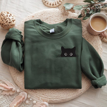Cat Embroidered Sweatshirt, Cute Cat Shirt, Black Cat Shirt, Cat Peeking Shirt, Cat Mom Shirt, Gift for Cat Lover
