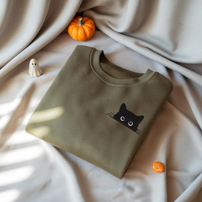Cat Embroidered Sweatshirt, Cute Cat Shirt, Black Cat Shirt, Cat Peeking Shirt, Cat Mom Shirt, Gift for Cat Lover