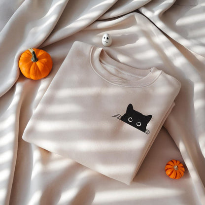 Cat Embroidered Sweatshirt, Cute Cat Shirt, Black Cat Shirt, Cat Peeking Shirt, Cat Mom Shirt, Gift for Cat Lover