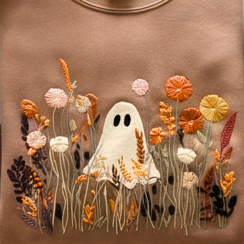 Embroidered Floral Halloween Ghost Sweatshirt, Spooky Wildflower Tee, Halloween Shirt