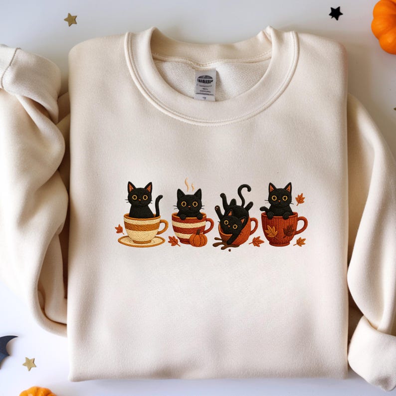 Embroidered Black Cat Sweatshirt, Halloween Pumpkin Fall Sweater, Halloween Shirt
