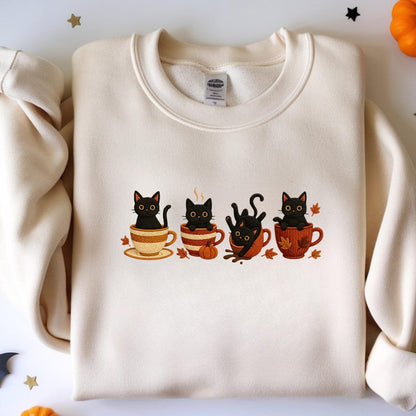 Embroidered Black Cat Sweatshirt, Halloween Pumpkin Fall Sweater, Halloween Shirt