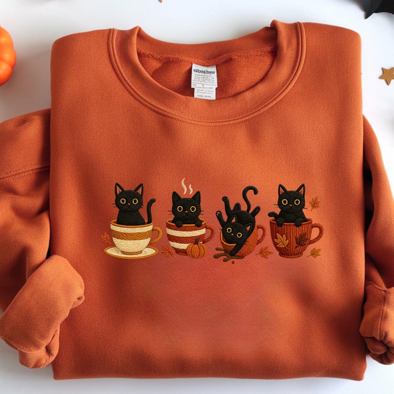 Embroidered Black Cat Sweatshirt, Halloween Pumpkin Fall Sweater, Halloween Shirt