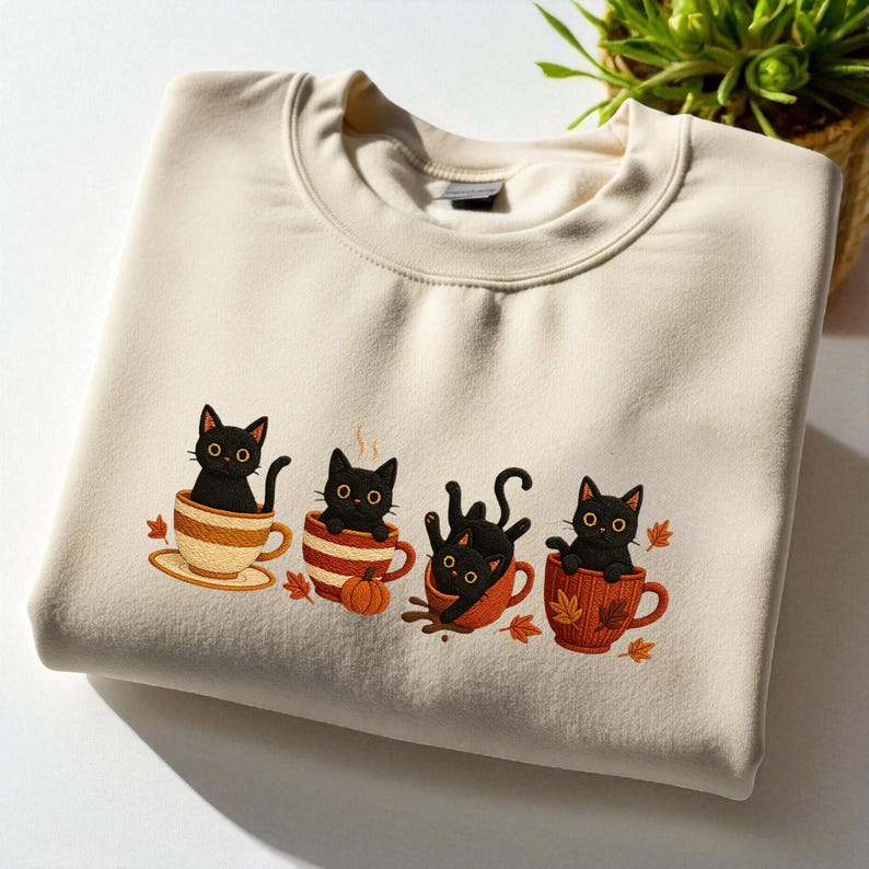 Embroidered Black Cat Sweatshirt, Halloween Pumpkin Fall Sweater, Halloween Shirt