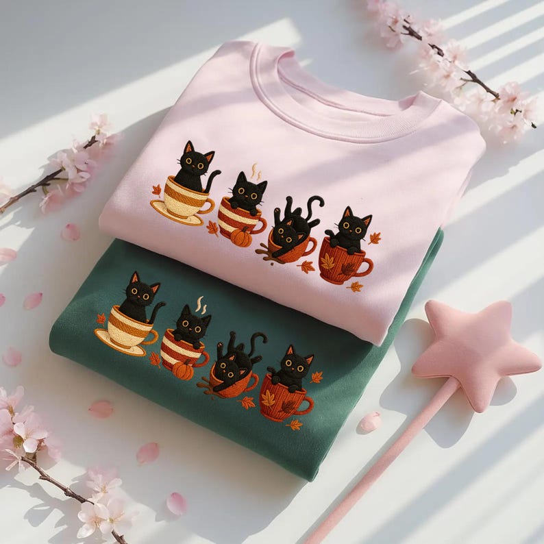 Embroidered Black Cat Sweatshirt, Halloween Pumpkin Fall Sweater, Halloween Shirt