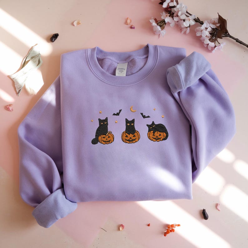 Embroidered Halloween Black Cat Sweatshirt, Pumpkin Fall Sweater, Halloween Crewneck, Cute Autumn Spooky Season, Bat Tee Top, Cat Lover Gift