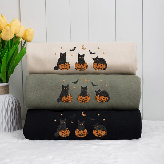Embroidered Halloween Black Cat Sweatshirt, Pumpkin Fall Sweater, Halloween Crewneck, Cute Autumn Spooky Season, Bat Tee Top, Cat Lover Gift