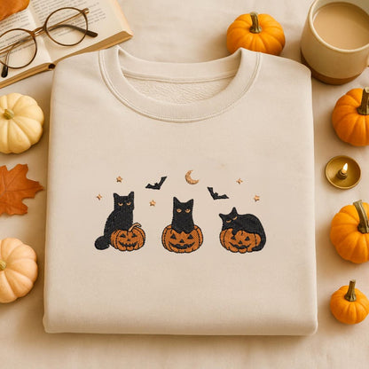 Embroidered Halloween Black Cat Sweatshirt, Pumpkin Fall Sweater, Halloween Crewneck, Cute Autumn Spooky Season, Bat Tee Top, Cat Lover Gift