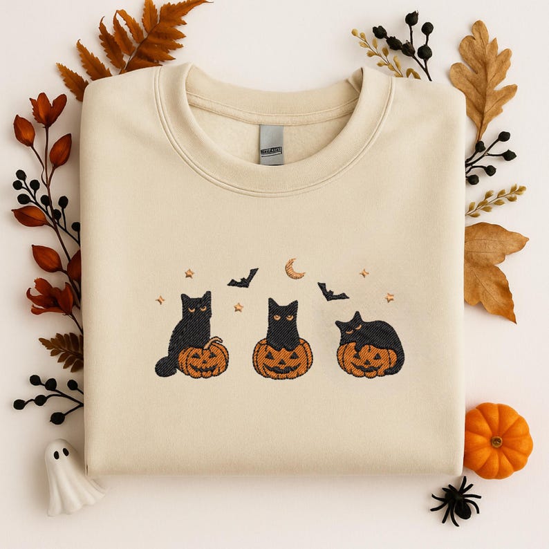 Embroidered Halloween Black Cat Sweatshirt, Pumpkin Fall Sweater, Halloween Crewneck, Cute Autumn Spooky Season, Bat Tee Top, Cat Lover Gift