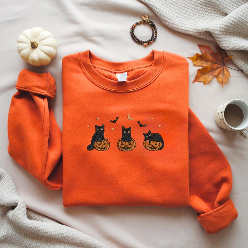 Embroidered Halloween Black Cat Sweatshirt, Pumpkin Fall Sweater, Halloween Crewneck, Cute Autumn Spooky Season, Bat Tee Top, Cat Lover Gift