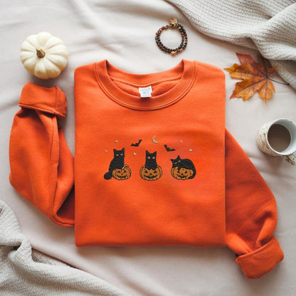Embroidered Halloween Black Cat Sweatshirt, Pumpkin Fall Sweater, Halloween Crewneck, Cute Autumn Spooky Season, Bat Tee Top, Cat Lover Gift