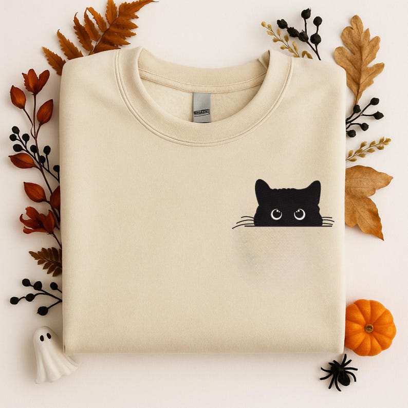 Cat Embroidered Sweatshirt, Cute Cat Shirt, Black Cat Shirt, Cat Peeking Shirt, Cat Mom Shirt, Gift for Cat Lover