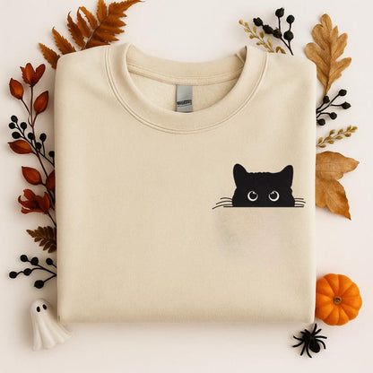 Cat Embroidered Sweatshirt, Cute Cat Shirt, Black Cat Shirt, Cat Peeking Shirt, Cat Mom Shirt, Gift for Cat Lover