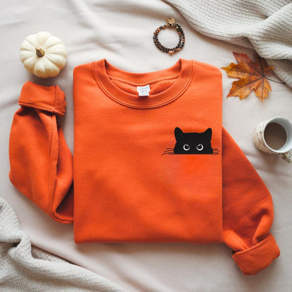 Cat Embroidered Sweatshirt, Cute Cat Shirt, Black Cat Shirt, Cat Peeking Shirt, Cat Mom Shirt, Gift for Cat Lover