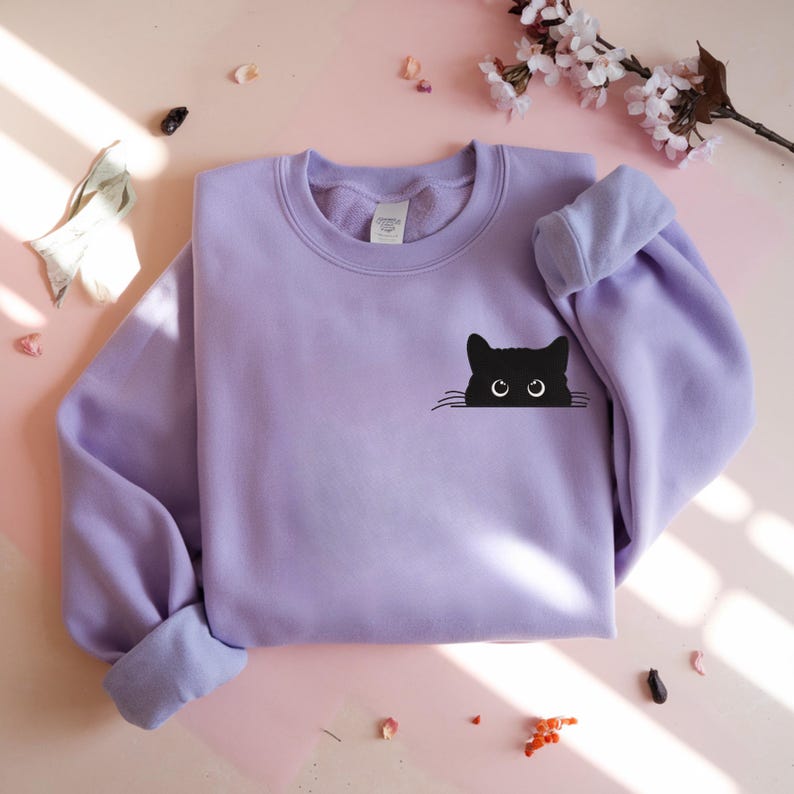 Cat Embroidered Sweatshirt, Cute Cat Shirt, Black Cat Shirt, Cat Peeking Shirt, Cat Mom Shirt, Gift for Cat Lover