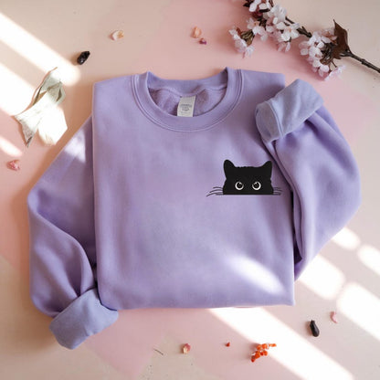 Cat Embroidered Sweatshirt, Cute Cat Shirt, Black Cat Shirt, Cat Peeking Shirt, Cat Mom Shirt, Gift for Cat Lover