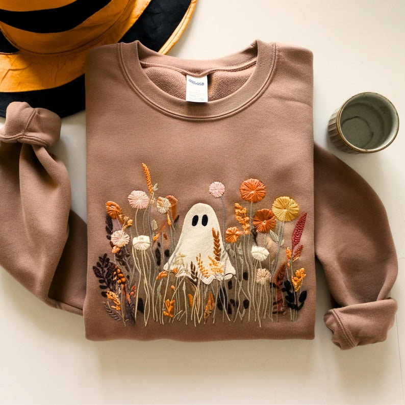 Embroidered Floral Halloween Ghost Sweatshirt, Spooky Wildflower Tee, Halloween Shirt