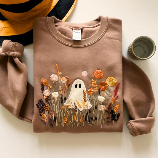 Embroidered Floral Halloween Ghost Sweatshirt, Spooky Wildflower Tee, Halloween Shirt