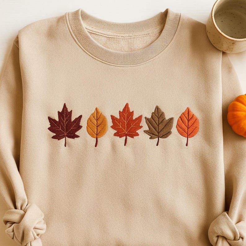 Embroidered Fall Leaves Sweatshirt, Halloween Sweatshirt, Preppy Autumn shirt, Fall Shirt for Women, Thanksgiving Crewneck, Spooky Season