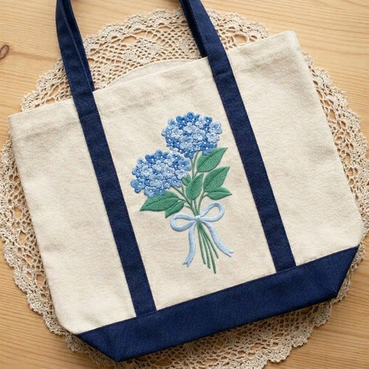 Blue Hydrangea Embroidered Canvas Tote Bag - Bridesmaid Gift - Floral Bachelorette Party Bag - Summer Vacation Beach Tote