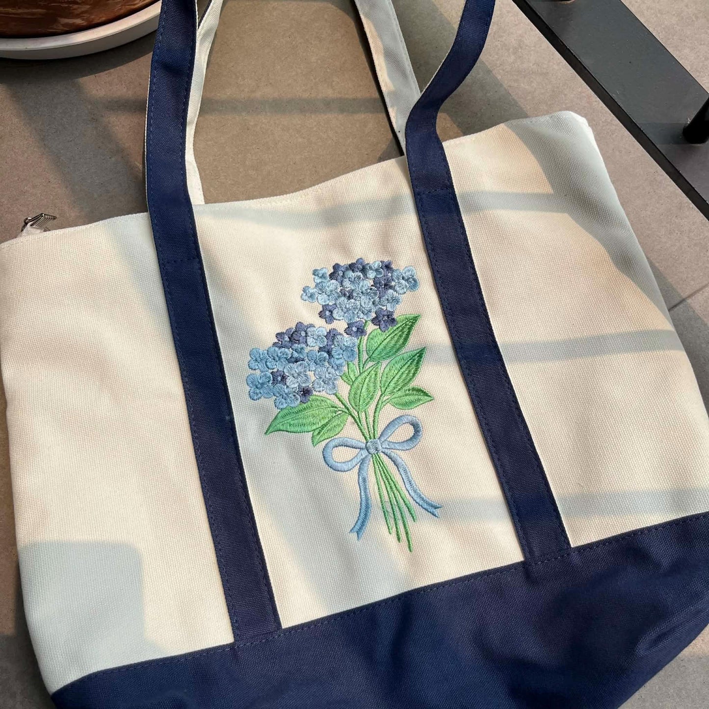 Blue Hydrangea Embroidered Canvas Tote Bag - Bridesmaid Gift - Floral Bachelorette Party Bag - Summer Vacation Beach Tote