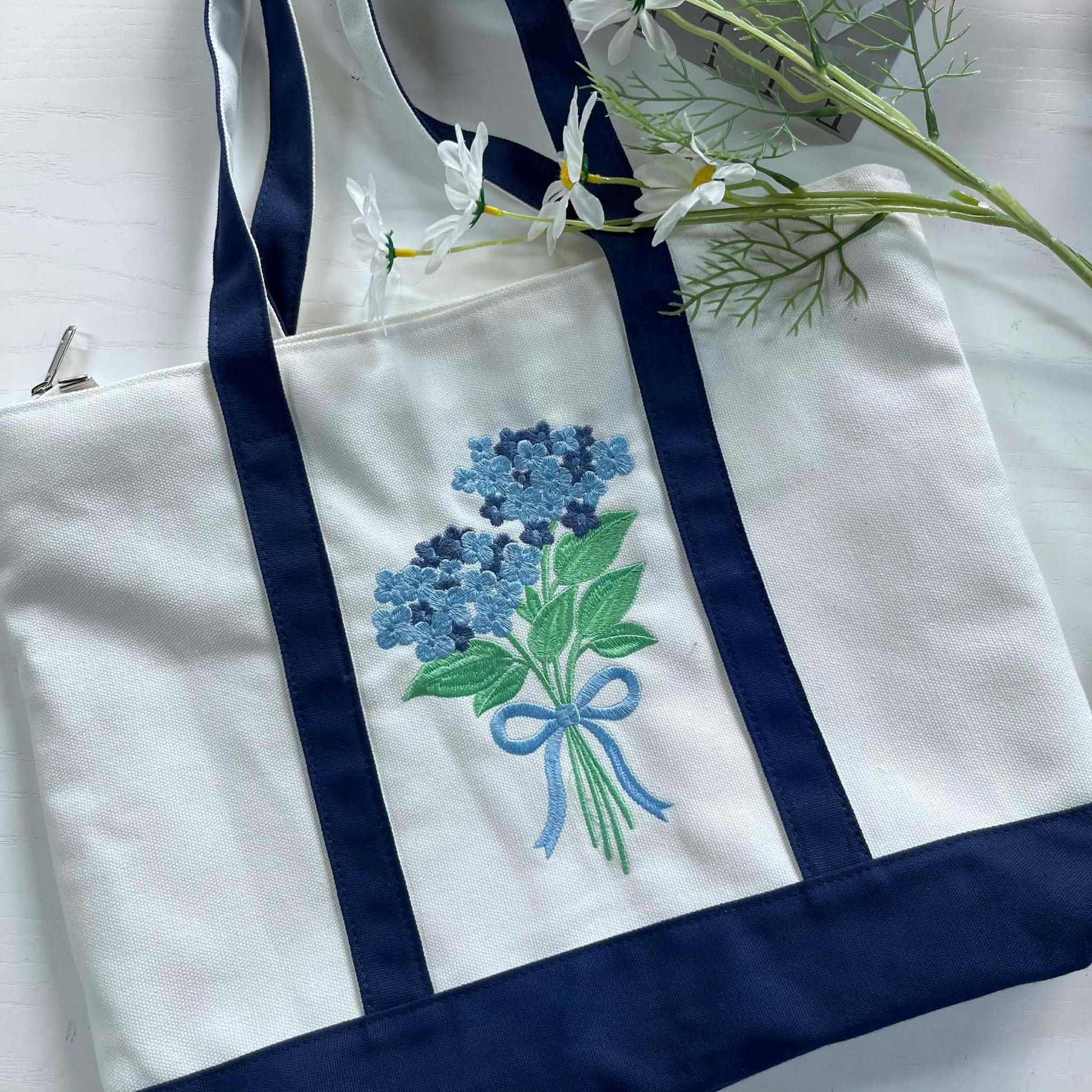 Blue Hydrangea Embroidered Canvas Tote Bag - Bridesmaid Gift - Floral Bachelorette Party Bag - Summer Vacation Beach Tote