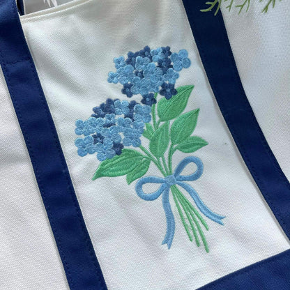Blue Hydrangea Embroidered Canvas Tote Bag - Bridesmaid Gift - Floral Bachelorette Party Bag - Summer Vacation Beach Tote